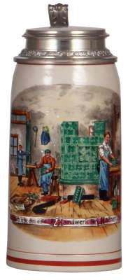 Stoneware stein, 1.0L, transfer & hand-painted, Occupational Hafner [Stove Maker], rare, pewter lid, mint. From the Etheridge Collection.