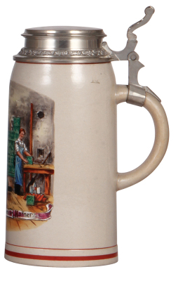 Stoneware stein, 1.0L, transfer & hand-painted, Occupational Hafner [Stove Maker], rare, pewter lid, mint. From the Etheridge Collection. - 2