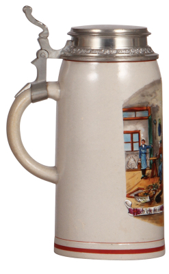 Stoneware stein, 1.0L, transfer & hand-painted, Occupational Hafner [Stove Maker], rare, pewter lid, mint. From the Etheridge Collection. - 3