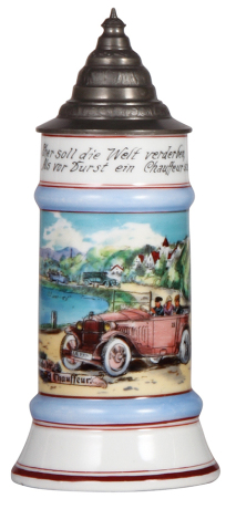 Porcelain stein, .5L, transfer & hand-painted, Occupational Chauffeur [Chauffeur], rare scene, pewter lid, mint.