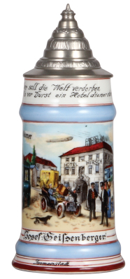 Porcelain stein, .5L, transfer & hand-painted, Occupational Hotel Diener [Hotel Servant], Hotel Hirsch, Immenstadt, rare, pewter lid, mint.