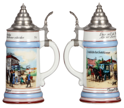 Porcelain stein, .5L, transfer & hand-painted, Occupational Hotel Diener [Hotel Servant], Hotel Hirsch, Immenstadt, rare, pewter lid, mint. - 2