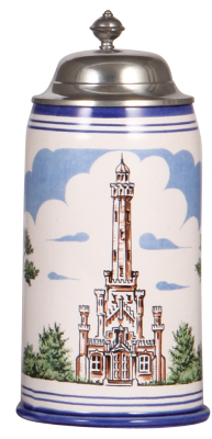Pottery stein, 9.2" ht., SCI Convention, Chicago, IL, 1975, sample version, Faience style, pewter lid, rare, mint.        