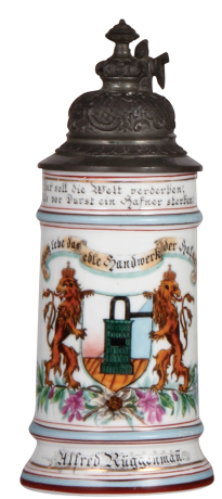 Porcelain stein, .5L, transfer & hand-painted, Occupational Hafner [Stove Maker], rare, pewter lid, slight wear to red base band. From the Etheridge Collection.