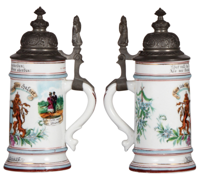 Porcelain stein, .5L, transfer & hand-painted, Occupational Hafner [Stove Maker], rare, pewter lid, slight wear to red base band. From the Etheridge Collection. - 2