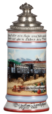 Porcelain stein, .5L, transfer & hand-painted, Occupational Kraftwagenführer [Truck Drive], Ackerbräu, Nagold, 1939, rare, pewter lid, mint. From the Etheridge Collection.