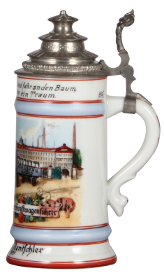 Porcelain stein, .5L, transfer & hand-painted, Occupational Kraftwagenführer [Truck Drive], Ackerbräu, Nagold, 1939, rare, pewter lid, mint. From the Etheridge Collection. - 2