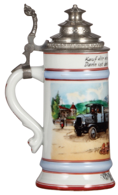 Porcelain stein, .5L, transfer & hand-painted, Occupational Kraftwagenführer [Truck Drive], Ackerbräu, Nagold, 1939, rare, pewter lid, mint. From the Etheridge Collection. - 3