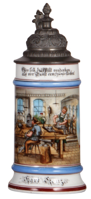 Porcelain stein, .5L, transfer & hand-painted, Occupational Spängler [Tinsmith], rare, pewter lid, mint. From the Etheridge Collection & pictured in the Occupational Stein Book.