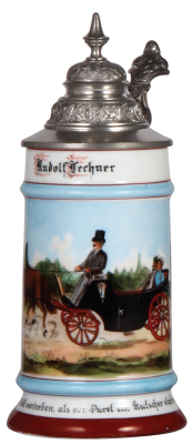 Porcelain stein, .5L, transfer & hand-painted, Occupational Kutscher [Coach Driver], open coach with couple, pewter lid, very bright, unworn colors, mint.