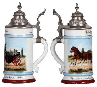 Porcelain stein, .5L, transfer & hand-painted, Occupational Kutscher [Coach Driver], open coach with couple, pewter lid, very bright, unworn colors, mint. - 2