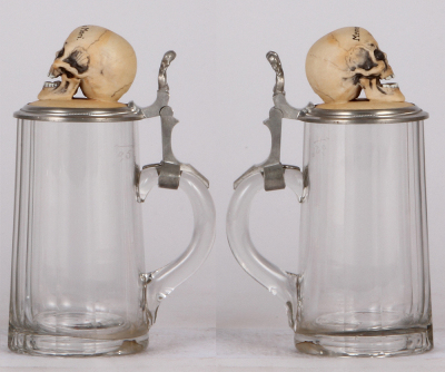 Glass stein, .5L, blown faceted, porcelain inlaid lid: skull, Memento Mori, mint. - 2