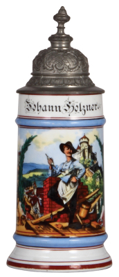 Porcelain stein, .5L, transfer & hand-painted, Occupational Maurer [Bricklayer], pewter lid, good pewter tear repair, some wear to red base band. From the Etheridge Collection.