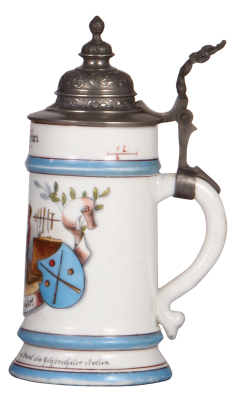 Porcelain stein, .5L, transfer & hand-painted, Occupational Holzdrechsler [Woodturner], very rare, pewter lid, faint lithophane lines, slight wear on blue bands, very good pewter strap repair. From the Etheridge Collection & pictured in the Occupational S - 2