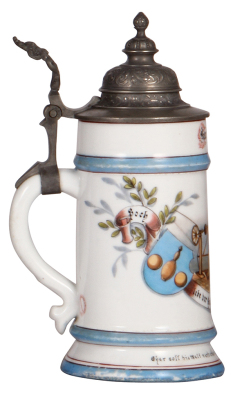 Porcelain stein, .5L, transfer & hand-painted, Occupational Holzdrechsler [Woodturner], very rare, pewter lid, faint lithophane lines, slight wear on blue bands, very good pewter strap repair. From the Etheridge Collection & pictured in the Occupational S - 3