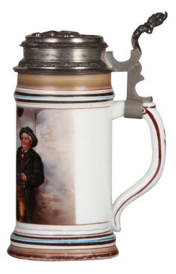 Porcelain stein, .5L, hand-painted, marked Martin Pauson, relief pewter lid, good repair of a pewter tear, slight wear to lower band. - 2