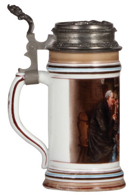 Porcelain stein, .5L, hand-painted, marked Martin Pauson, relief pewter lid, good repair of a pewter tear, slight wear to lower band. - 3