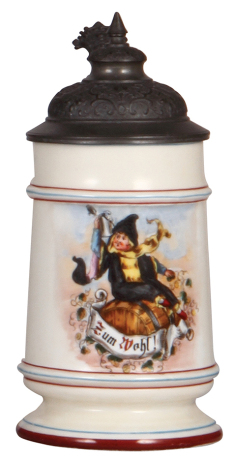 Porcelain stein, .5L, transfer, Zum Wohl, Munich Child, pewter lid, lithophane, mint.