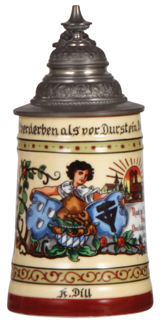 Porcelain stein, .5L, transfer & hand-painted, Occupational Dachdecker [Roofer], pewter lid, mint. From the Etheridge Collection.