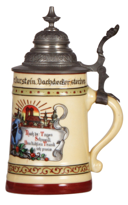 Porcelain stein, .5L, transfer & hand-painted, Occupational Dachdecker [Roofer], pewter lid, mint. From the Etheridge Collection. - 2