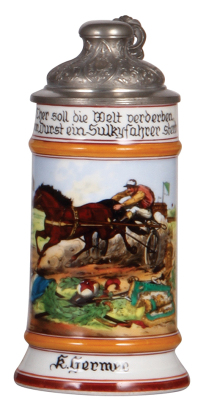 Porcelain stein, .5L, transfer & hand-painted, Occupational Sulkyfahrer [Sulky Driver], rare, pewter lid, good pewter strap repair, body mint. From the Etheridge Collection & pictured in the Occupational Stein Book.