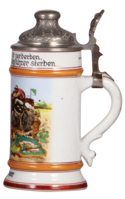 Porcelain stein, .5L, transfer & hand-painted, Occupational Sulkyfahrer [Sulky Driver], rare, pewter lid, good pewter strap repair, body mint. From the Etheridge Collection & pictured in the Occupational Stein Book. - 2