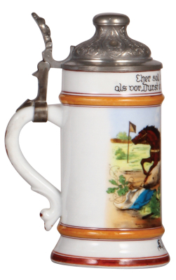 Porcelain stein, .5L, transfer & hand-painted, Occupational Sulkyfahrer [Sulky Driver], rare, pewter lid, good pewter strap repair, body mint. From the Etheridge Collection & pictured in the Occupational Stein Book. - 3