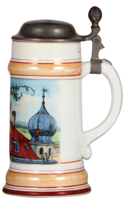 Porcelain stein, .5L, transfer & hand-painted, Occupational Flaschner [Tinsmith], original pewter lid with owner's name & Flaschner Installateurmeister, rare, slight wear to orange bands, otherwise mint. From the Etheridge Collection. - 2