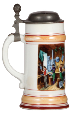 Porcelain stein, .5L, transfer & hand-painted, Occupational Flaschner [Tinsmith], original pewter lid with owner's name & Flaschner Installateurmeister, rare, slight wear to orange bands, otherwise mint. From the Etheridge Collection. - 3