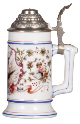 Porcelain stein, .5L, transfer & hand-painted, children, Christoph Kepp, scenes with telegraph, telephone, train & post, pewter lid, mint. - 2