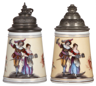 Two porcelain steins, .5L, transfer & hand-painted, colored lithophanes, young woman smoking a pipe and woman with a monk, both mint.