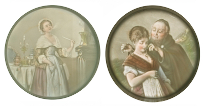 Two porcelain steins, .5L, transfer & hand-painted, colored lithophanes, young woman smoking a pipe and woman with a monk, both mint. - 2