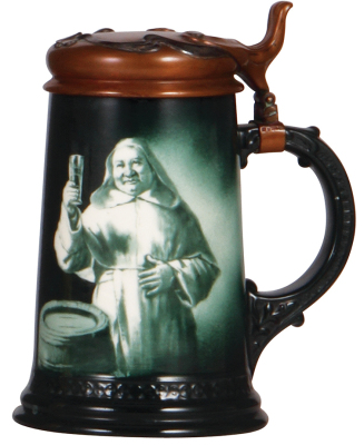 Porcelain stein, .5L, transfer & hand-painted, marked C.A.C. Lenox, copper & sterling silver lid, mint.