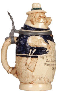Character stein, .5L, pottery, 770, by J.W. Remy, Pig with Money Bag, mint. - 3