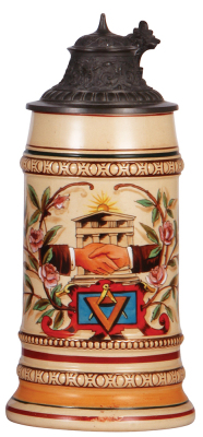 Pottery stein, 1.0L, transfer & hand-painted, marked M. & W. Gr., Masonic design, pewter lid, painting blemishes on base stripe, mint.