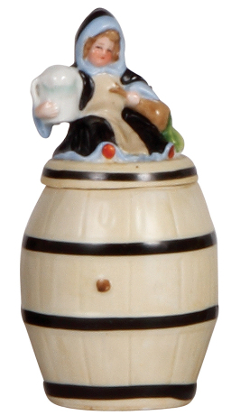 Character stein, 5.4" ht., porcelain, Munich Child on Barrel, mint.