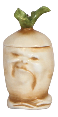 Character mustard jar, 3.6" ht., porcelain, marked Musterschutz, by Schierholz, Sad Radish, mint.