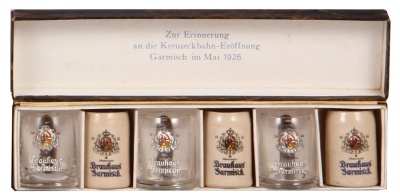 Brewery set, 1.7'' ht., three glass & three pottery miniature mugs, Brauhaus Garmisch, with original box: Zur Erinnerung an die Kreuzeckbahn - Eröffnung Garmisch im Mai 1926, like new condition, mint.