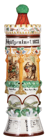 Porcelain pokal, 16.1" ht., hand-painted, Schützenlust 1873, humorous scenes of men drinking, set-on lid, excellent top rim & finial repair.