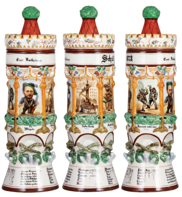 Porcelain pokal, 16.1" ht., hand-painted, Schützenlust 1873, humorous scenes of men drinking, set-on lid, excellent top rim & finial repair. - 2