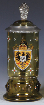 Glass stein, .5L, blown, amber, transfer & hand-painted, eagle, glass inlaid lid, mint.