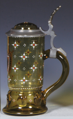 Glass stein, .5L, blown, amber, transfer & hand-painted, eagle, glass inlaid lid, mint. - 2