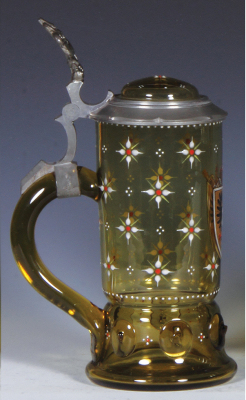Glass stein, .5L, blown, amber, transfer & hand-painted, eagle, glass inlaid lid, mint. - 3