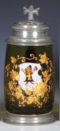 Glass stein, .5L, blown, amber, transfer & hand-painted, Munich Child, relief pewter lid: Munich scene, mint.