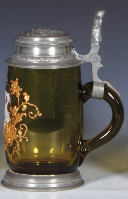 Glass stein, .5L, blown, amber, transfer & hand-painted, Munich Child, relief pewter lid: Munich scene, mint. - 2