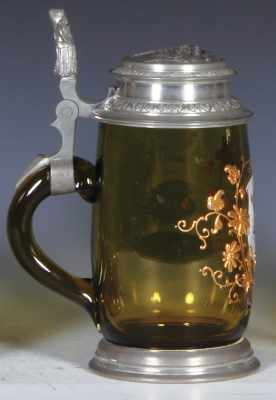 Glass stein, .5L, blown, amber, transfer & hand-painted, Munich Child, relief pewter lid: Munich scene, mint. - 3