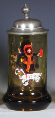 Glass stein, .25L, blown, amber, transfer & hand-painted, Munich Child, pewter lid, mint.