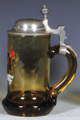 Glass stein, .25L, blown, amber, transfer & hand-painted, Munich Child, pewter lid, mint. - 2