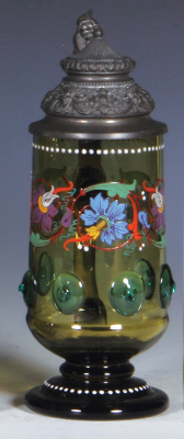 Glass stein, .3L, blown, amber, transfer & hand-painted, flowers, green prunts, pewter lid, flakes on tips of some of the prunts.