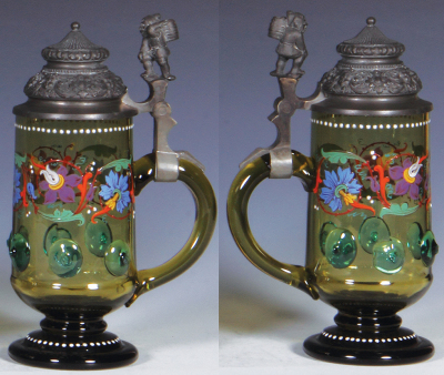 Glass stein, .3L, blown, amber, transfer & hand-painted, flowers, green prunts, pewter lid, flakes on tips of some of the prunts. - 2